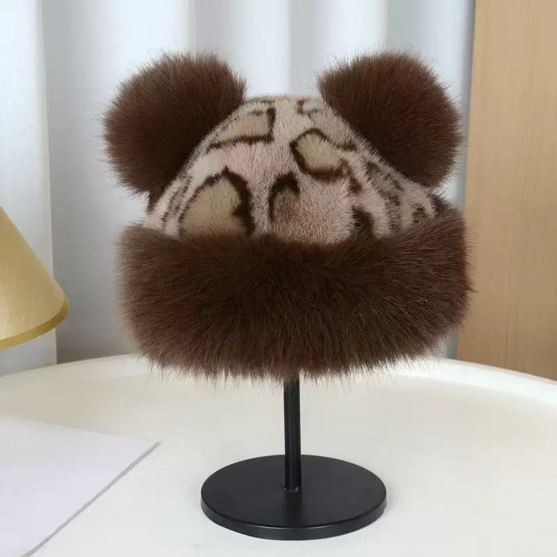 Leopard Pattern Bear Ear Thick Windproof Warm Fisherman Hat