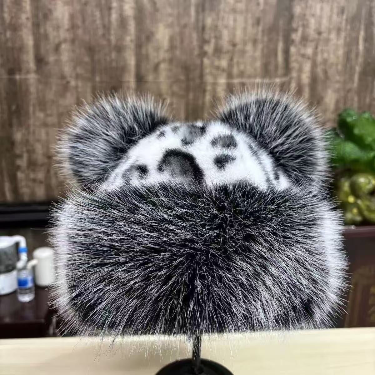 Leopard Pattern Bear Ear Thick Windproof Warm Fisherman Hat