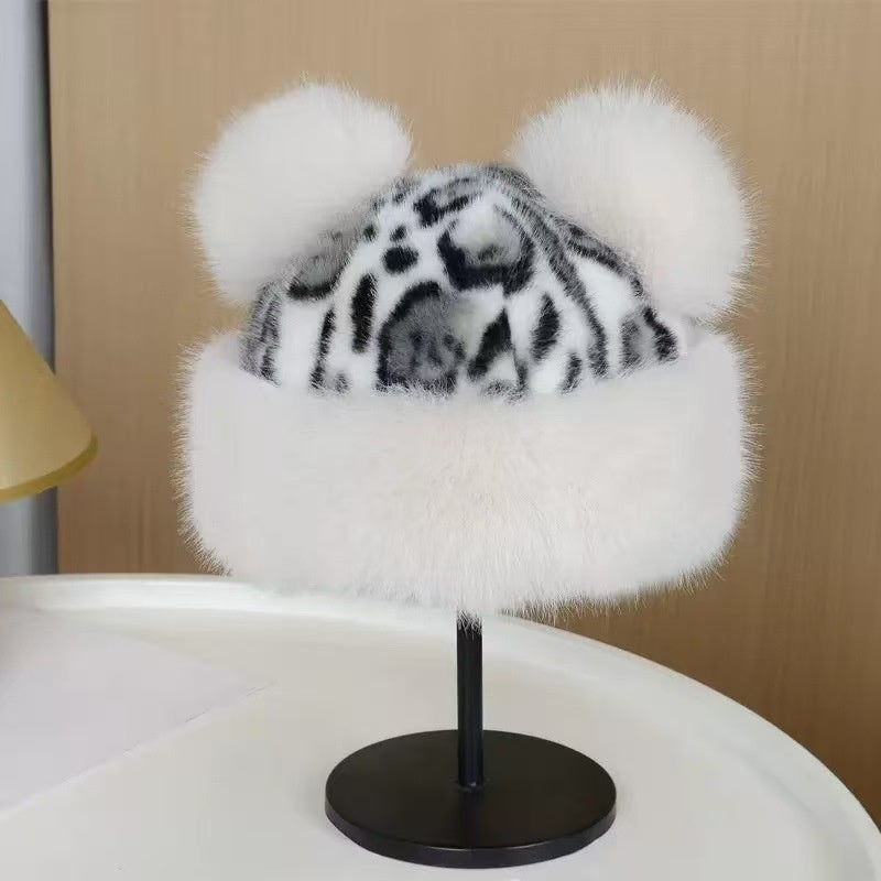 Leopard Pattern Bear Ear Thick Windproof Warm Fisherman Hat