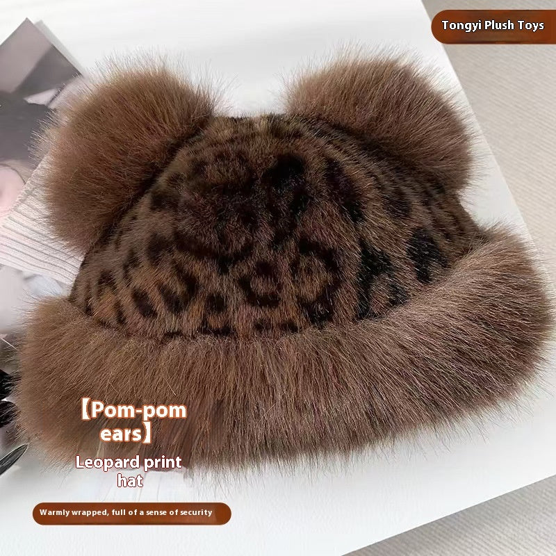 Leopard Pattern Bear Ear Thick Windproof Warm Fisherman Hat