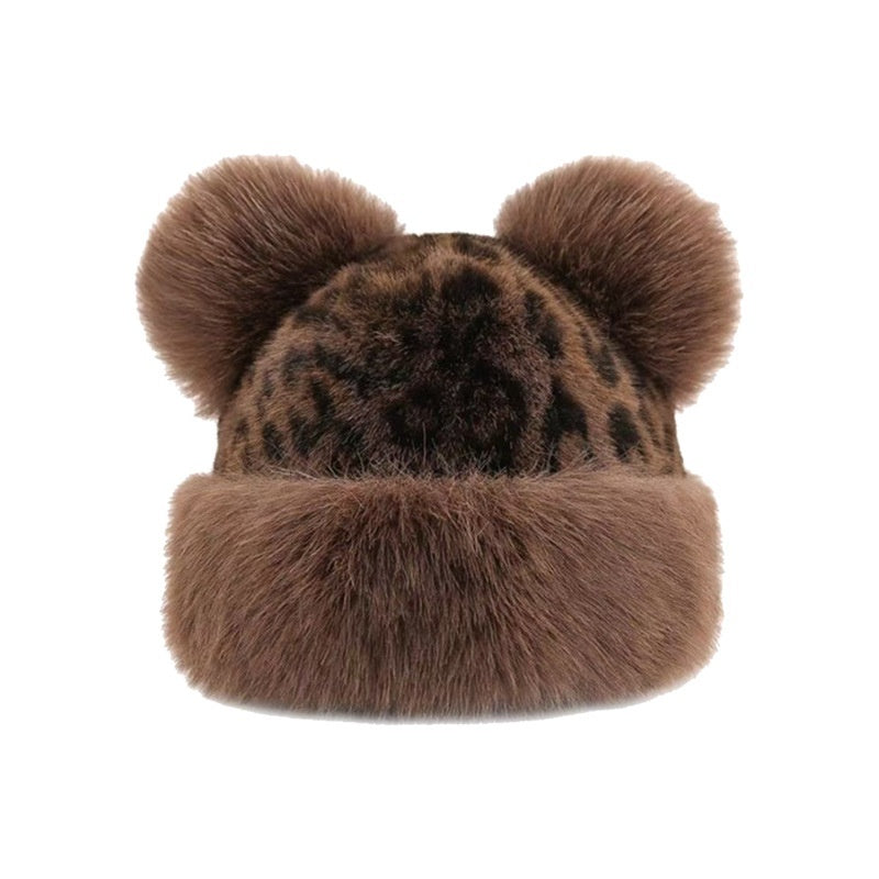 Leopard Pattern Bear Ear Thick Windproof Warm Fisherman Hat