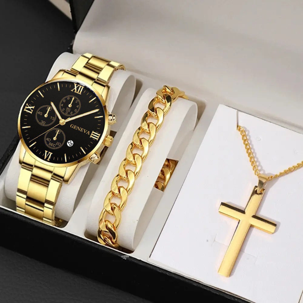 Men's Business Fashion Three-eye Single Calendar Steel Watch Bracelet Cross Bracelet Suit
