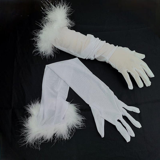 Sexy Black Silk Gloves 55CM Super Long Stretch Black Feather