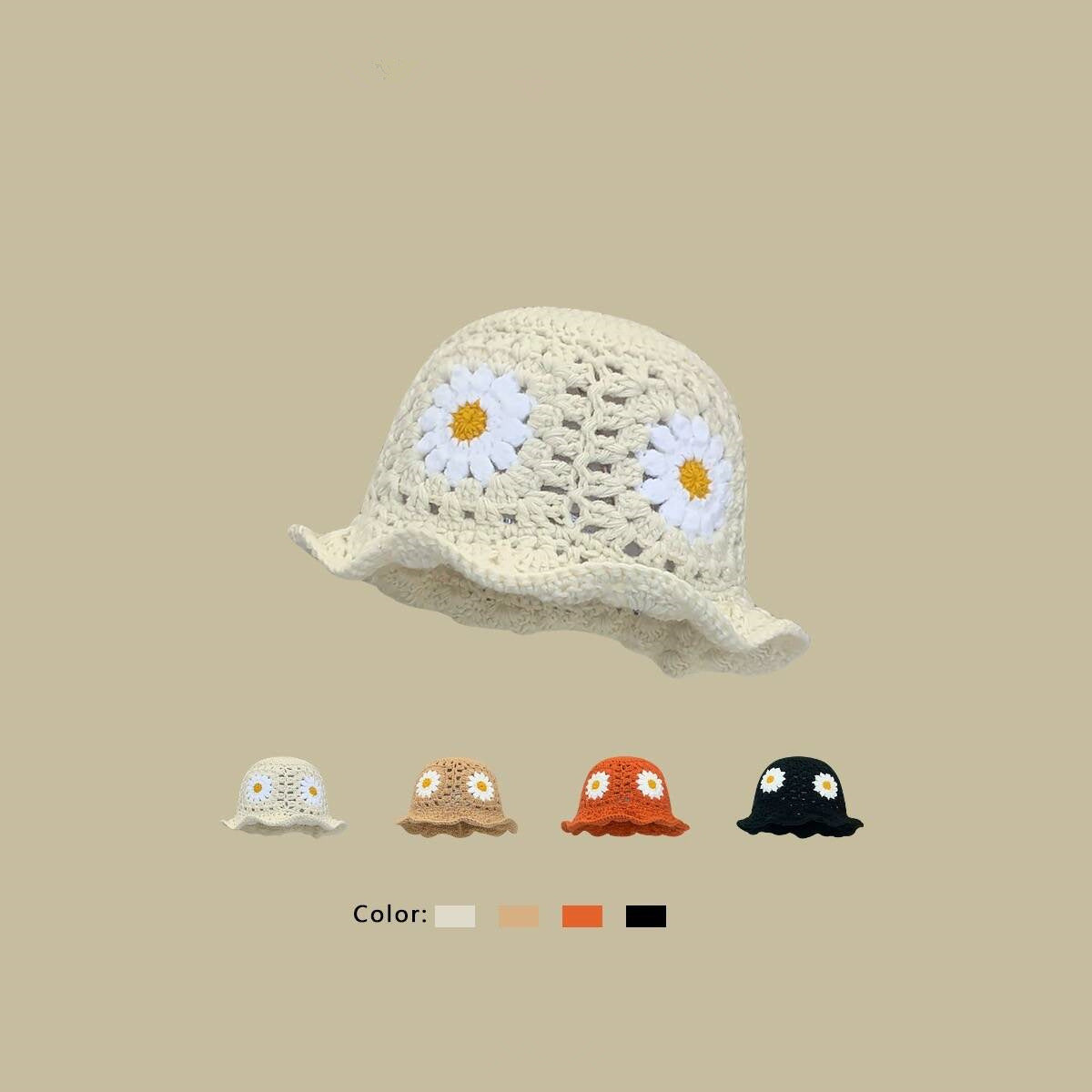 Flower Handmade Knitted Fisherman Hat Women's Hollow Wool All-matching Basin Makes Face Look Smaller